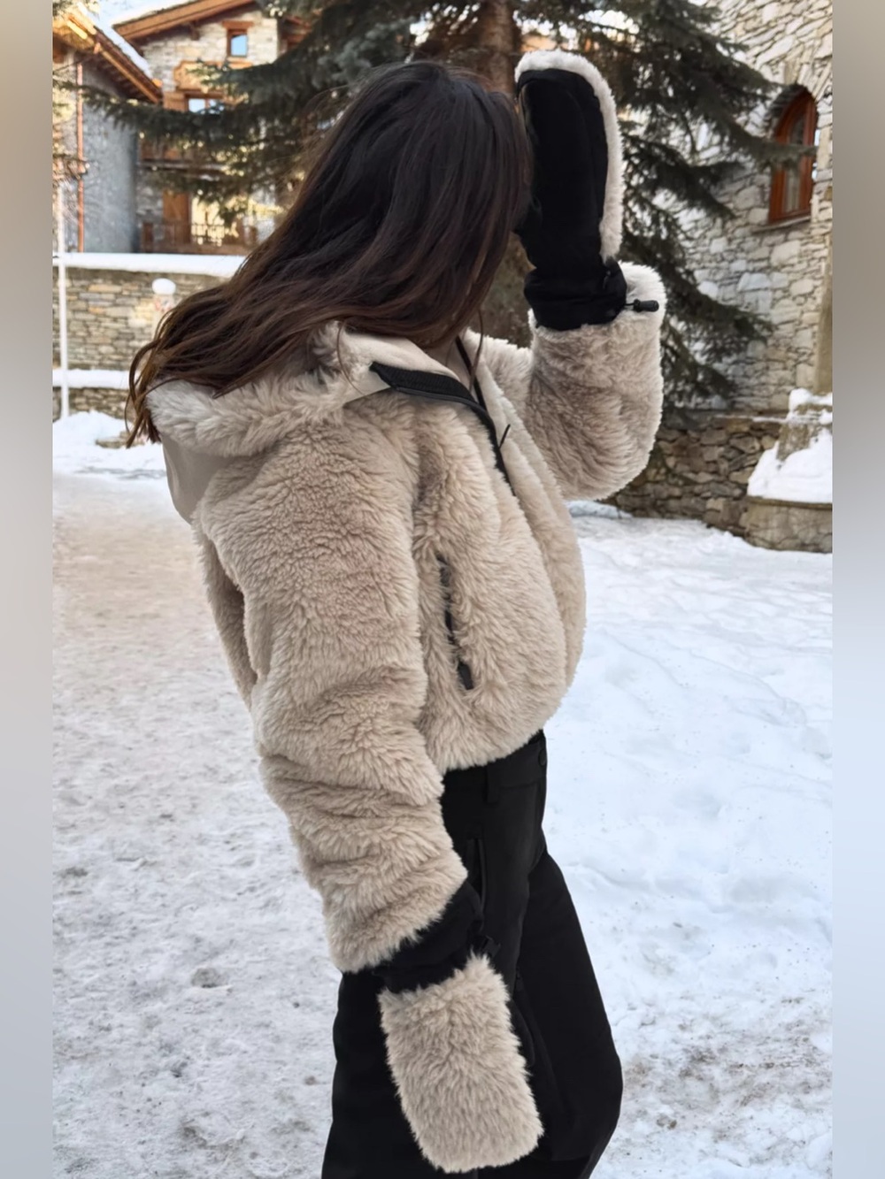 Hooded ski collection jacket in beige/mink